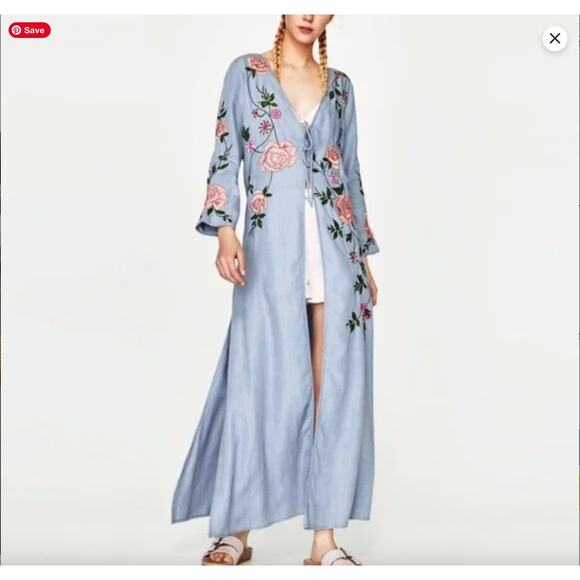 Zara Trafaluc Denimwear Floral Embroidered Kimono Light Denim Button Tie Small - Picture 3 of 16